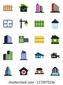 Color and black flat icon set - office building vector, fence, house, garden light, hospital, with garage, plan, sweet home, city, cafe, eco