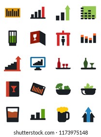 Color and black flat icon set - security gate vector, growth statistic, barcode, equalizer, monitor statistics, bar graph, alcohol, wine card, drink, beer, salad, arrow up