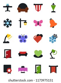 Color and black flat icon set - pennant vector, butterfly, garden light, heart, bell, sertificate, desk lamp, cushioned furniture, restaurant table, snowflake, door, pennon