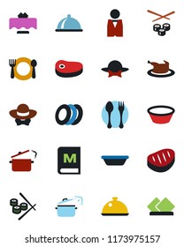 Color and black flat icon set - spoon and fork vector, waiter, dish, restaurant table, cafe, menu, plates, dress code, chicken, steak, bowl, steaming pan, sushi, serviette