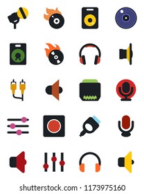 Color and black flat icon set - vinyl vector, flame disk, microphone, speaker, settings, headphones, rca, hdmi, tuning, record, sound