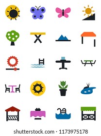 Color and black flat icon set - cafe vector, flower in pot, butterfly, sun, picnic table, brightness, pond, pool, fruit tree, mountains, restaurant, alcove