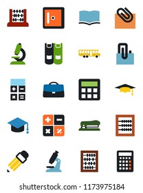 Color and black flat icon set - airport bus vector, checkroom, book, calculator, graduate, abacus, microscope, case, paper clip, pencil, stapler