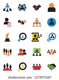 Color and black flat icon set - handshake vector, hierarchy, pedestal, team, patient, group, user, hr, meeting, client search, consumer