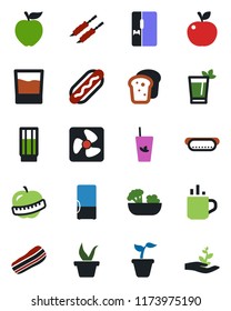 Color and black flat icon set - hot cup vector, seedling, diet, fridge, drink, phyto bar, salad, bacon, bread, kebab, dog, apple fruit, fan, palm sproute