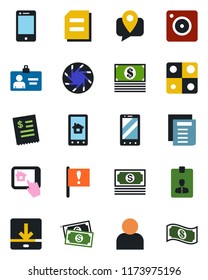 Color and black flat icon set - mobile phone vector, identity card, document, important flag, cash, tracking, cell, camera, user, download, application, restaurant receipt, home control app