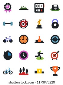 Color and black flat icon set - pedestal vector, medal, barbell, bike, run, heavy, clock, stopwatch, target, mountains, award cup