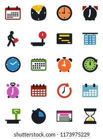 Color and black flat icon set - alarm clock vector, flight table, calendar, heavy scales, stopwatch, manager, schedule, sand