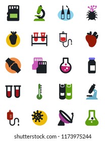 Color and black flat icon set - satellite antenna vector, book, blood test vial, dropper, microscope, ampoule, real heart, joint, virus, sd, thermometer, flask