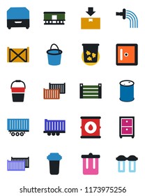 Color and black flat icon set - trash bin vector, checkroom, bucket, watering, truck trailer, cargo container, package, oil barrel, railroad, archive box, water filter