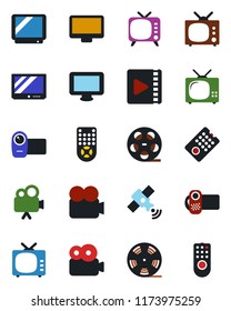Color and black flat icon set - reel vector, satellite, tv, video camera, remote control, monitor