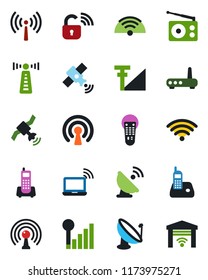 Color and black flat icon set - antenna vector, wireless notebook, office phone, satellite, radio, remote control, cellular signal, lock, router, garage gate