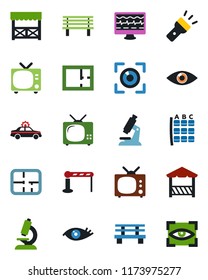Color and black flat icon set - barrier vector, tv, alarm car, seat map, bench, monitor pulse, microscope, eye, torch, plan, alcove, scan