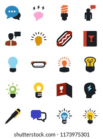 Color and black flat icon set - speaking man vector, pen, brainstorm, bulb, dialog, wine card, hot dog, energy saving, shining head, idea