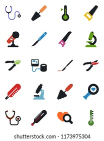 Color and black flat icon set - trowel vector, pruner, saw, stethoscope, blood pressure, thermometer, heart diagnostic, microscope, scalpel, microphone