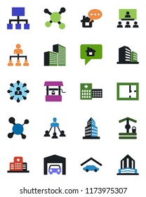 Color and black flat icon set - hierarchy vector, well, molecule, hospital, office building, garage, plan, home message