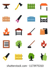 Color and black flat icon set - fence vector, tree, saw, fire, hoe, axe, abacus, table, alcove, cutting board
