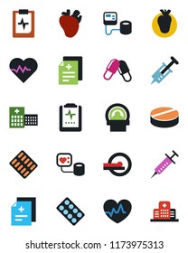 Color and black flat icon set - heart pulse vector, diagnosis, syringe, blood pressure, pills, blister, tomography, real, clipboard, hospital