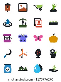 Color and black flat icon set - flower in pot vector, wheelbarrow, sproute, butterfly, seedling, water drop, well, sickle, pumpkin, bird house, fertilizer, gallery, photo, with tree, windmill, fruit