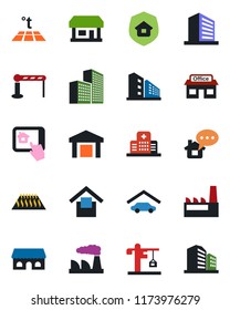 Color and black flat icon set - barrier vector, office building, factory, hospital, store, warehouse storage, garage, crane, estate insurance, cafe, home control app, warm floor, message