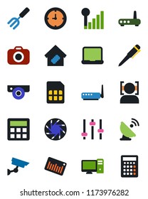 Color and black flat icon set - pen vector, garden fork, clock, barcode, satellite antenna, camera, mobile, tuning, calculator, sim, face id, cellular signal, notebook pc, smart home, router, web