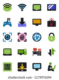 Color and black flat icon set - bomb in case vector, lock, desk, notebook pc, gamepad, tv, monitor, network, data exchange, download, wireless, chip, fingerprint, eye scan, man with