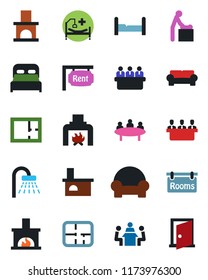 Color and black flat icon set - baby room vector, shower, meeting, fireplace, hospital bed, plan, rent, rooms, bedroom, cushioned furniture, door