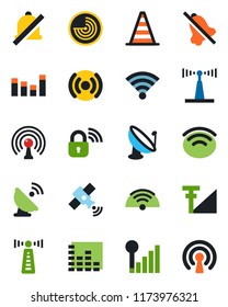 Color and black flat icon set - antenna vector, border cone, radar, satellite, equalizer, wireless, mute, cellular signal, lock