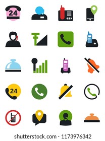 Color and black flat icon set - phone vector, no mobile, reception bell, office, 24 hours, support, tracking, radio, call, mute, cellular signal