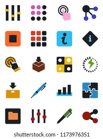 Color and black flat icon set - package vector, sorting, settings, touch screen, stop button, menu, folder, charge, application, pen, information, social media
