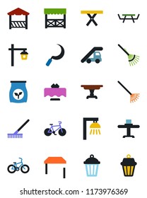 Color and black flat icon set - ladder car vector, rake, sickle, garden light, picnic table, fertilizer, bike, restaurant, alcove, outdoor lamp