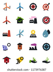 Color and black flat icon set - factory vector, bird house, target, sun panel, windmill, eco, water, palm sproute
