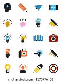Color and black flat icon set - automatic door vector, brainstorm, bulb, camera, pencil, fence, rolling pin, energy saving, shining head, idea, paper plane, crisis management