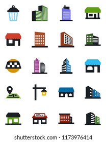 Color and black flat icon set - taxi vector, shop, office building, garden light, navigation, store, city house, cafe, storefront
