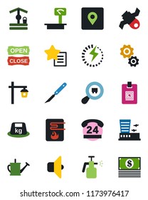 Color and black flat icon set - airport building vector, watering can, well, garden light, sprayer, scalpel, satellite, 24 hours, heavy, scales, search cargo, favorites list, place tag, charge, gear