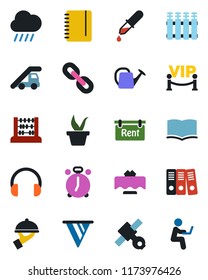 Color and black flat icon set - alarm clock vector, ladder car, book, abacus, notepad, seedling, watering can, rain, dropper, satellite, headphones, chain, paper binder, rent, restaurant table