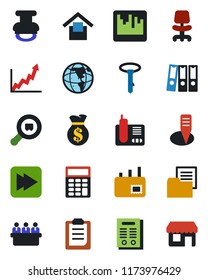Color and black flat icon set - office chair vector, meeting, plant label, folder document, warehouse storage, search cargo, radio phone, fast forward, scanner, clipboard, calculator, paper binder
