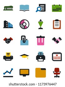 Color and black flat icon set - trash bin vector, handshake, book, pennant, document search, graduate, circle chart, medical calendar, monitor, folder, clipboard, paper clip, point graph, printer