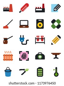 Color and black flat icon set - pencil vector, bucket, pruner, hoe, doctor case, blood test vial, thermometer, patch, laptop pc, speaker, battery, table, heater, factory, turkish coffee, power plug