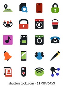Color and black flat icon set - pen vector, bucket, navigation, group, mobile, phone back, bell, sd, wireless, lock, music, photo gallery, company, document search, washer, remote control