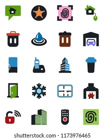 Color and black flat icon set - radio phone vector, office building, garage, plan, fireplace, fridge, home control, fingerprint, wireless lock, remote, snowflake, water, filter, police, trash bin