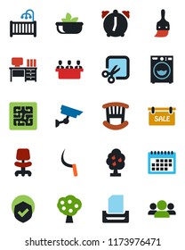 Color and black flat icon set - office chair vector, desk, sickle, shield, themes, alarm, cut, calendar, meeting, paper tray, fruit tree, sale, children room, washer, salad, chip, surveillance