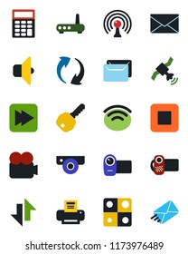Color and black flat icon set - mail vector, antenna, satellite, video camera, stop button, fast forward, update, data exchange, wireless, application, calculator, printer, key, router, web, sound