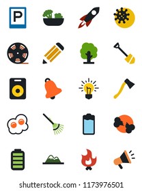 Color and black flat icon set - parking vector, job, pencil, rake, tree, fire, axe, broken bone, virus, reel, speaker, battery, bell, mountains, salad, omelette, rocket, idea, advertising