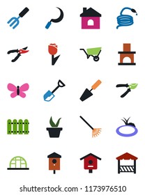 Color and black flat icon set - trowel vector, garden fork, shovel, rake, seedling, wheelbarrow, pruner, butterfly, house, hose, sickle, fireplace, greenhouse, pond, bird, tulip, fence, alcove