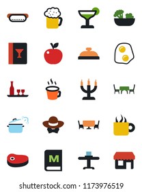 Color and black flat icon set - coffee vector, alcohol, restaurant table, wine card, menu, reception, cocktail, beer, salad, candle, cafe, dress code, steak, hot dog, steaming pan, omelette