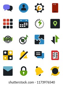 Color and black flat icon set - phone back vector, menu, message, user, bell, mail, sim, calendar, data exchange, mute, place tag, lock, fingerprint id, music, charge, application, root setup