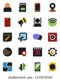 Color and black flat icon set - microphone vector, mobile, phone back, message, camera, user, sd, network, calendar, notes, data exchange, wireless, cut, place tag, face id, application, sertificate