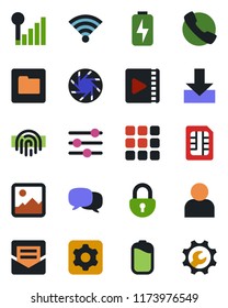 Color and black flat icon set - call vector, menu, message, mobile camera, gallery, settings, tuning, user, mail, sim, folder, download, wireless, lock, fingerprint id, video, cellular signal