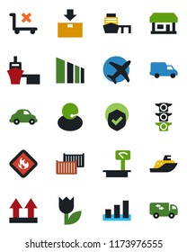 Color and black flat icon set - store vector, plane, traffic light, support, sea shipping, cargo container, car delivery, port, up side sign, no trolley, tulip, package, sorting, shield, flammable